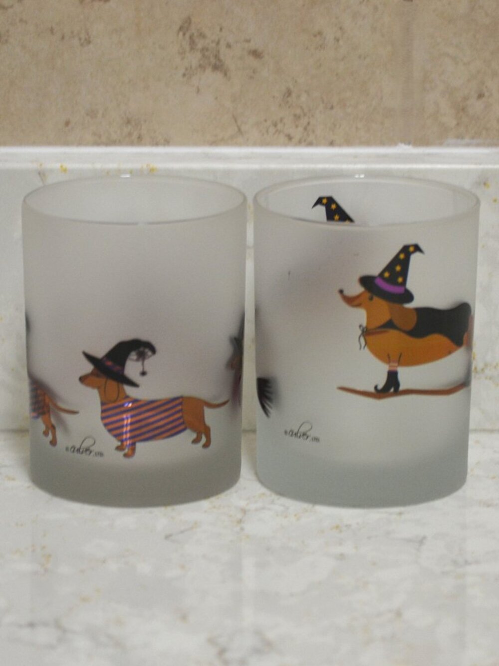 Culver Frosted Glasses Old Fashioned Tumbler Dachshund Witch Graphics Barware